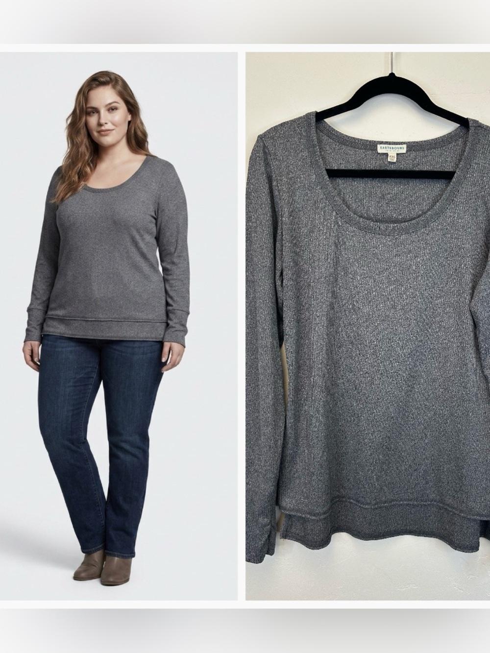 Comfy Ribbed Gray Scoop Neck Long Sleeve Stretch Top Size 1X XXL Thumb Holes